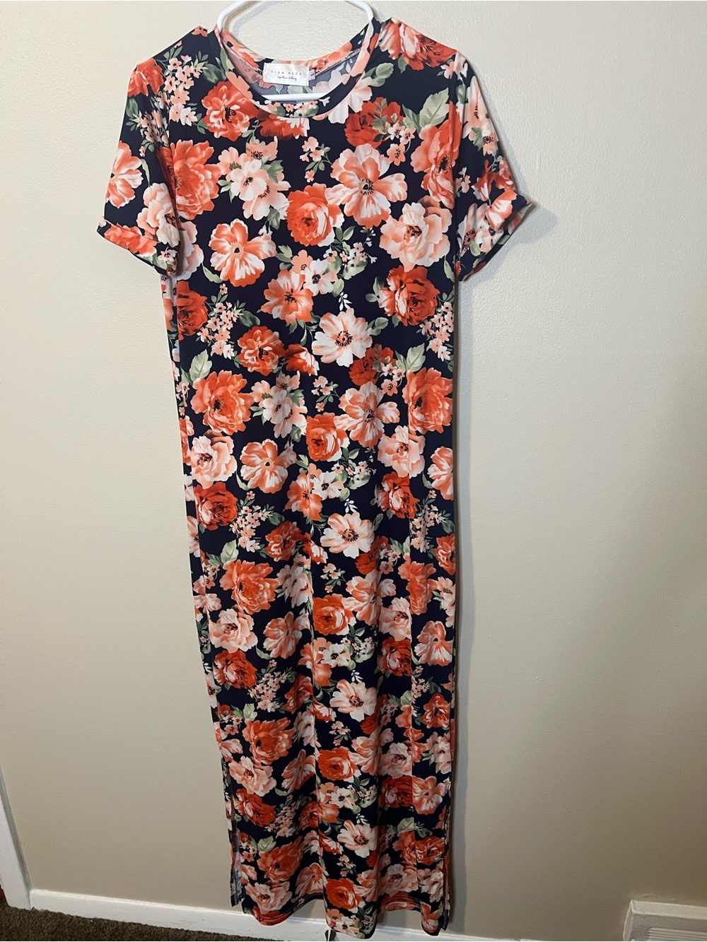 Sign Here Brand Navy Blue Short Sleeve Maxi Dress With Red And Pink Floral Print
